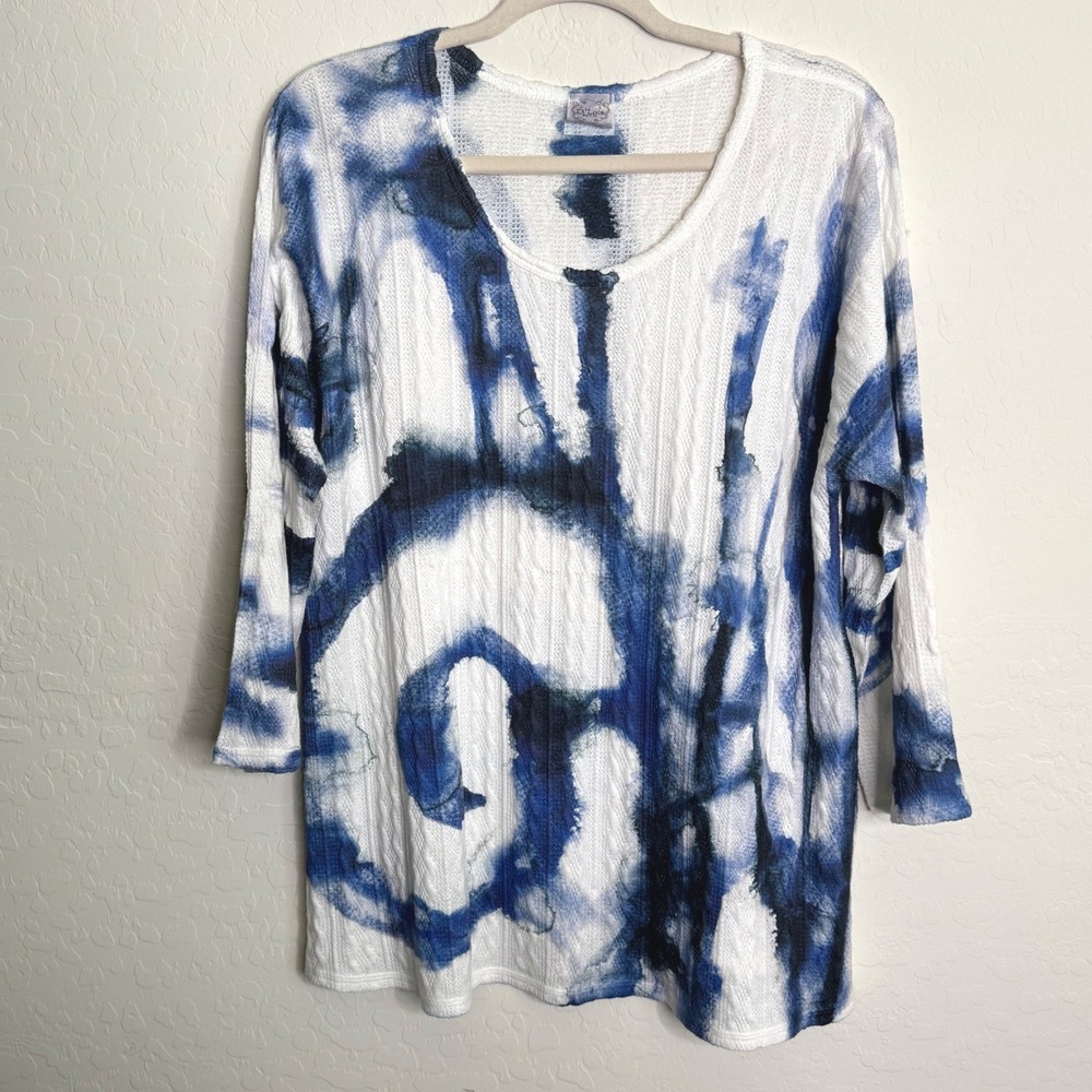 Et'Lois Womens Poly Spandex Top L Blue Tie Dye Waffle Knit Lagenlook Artsy Boho